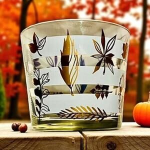Vintage Glass Ice Bucket-Midcentury Leaf-Barware-Fall Decor-Retro Cocktail-Gold